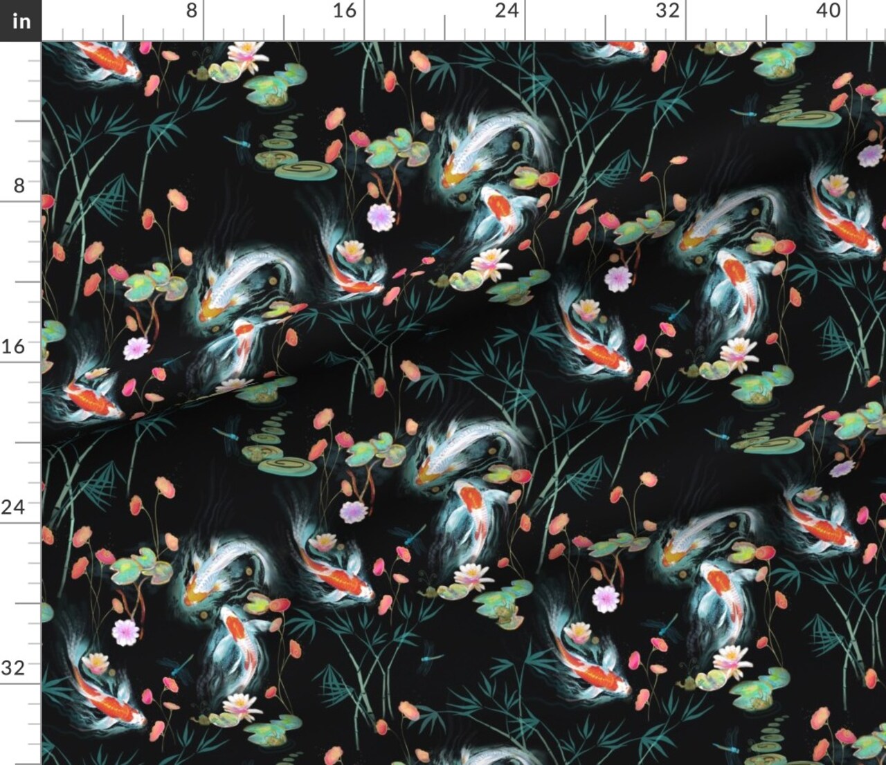 Koi, Fish, Japanese, Water Garden, Black, Chinoiserie, Floral, Flowers Custom Printed Fabric by Spoonflower Various Fabrics by the Yard or Fat Quarter